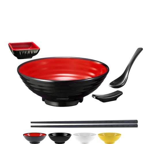 Unbreakable Ramen Bowl Set with Chopsticks and Spoon: 1 large Japanese Style Melamine Ramen Bowl, Dipping Bowl and Chopsticks and Stand for Asian Pho Soup Thai Miso Udon Wonton (1 Bowl Set, Red-Black) - color: Red & Black, size: 1 Bowl Set