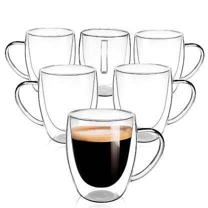 Clear Glass Double Wall Insulated Round Coffee Mugs Set of 6 Pieces - Medium Size 12oz Best Reusable Coffee Mug for Home Cafe Restaurant Perfect for Espresso Capucinno Lungo Latte Coffee - style: 12oz
