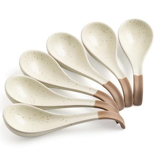 LYEOBOH 6 Pieces Asian Soup Spoons, Japanese Kitchen Soup Spoon Set, Dinner Tablespoons with Long Handle for Cereal, Ramen, Ice Cream, Dishwasher & Microwave Safe, Rustic Decor, White and Brown - color: White/Brown