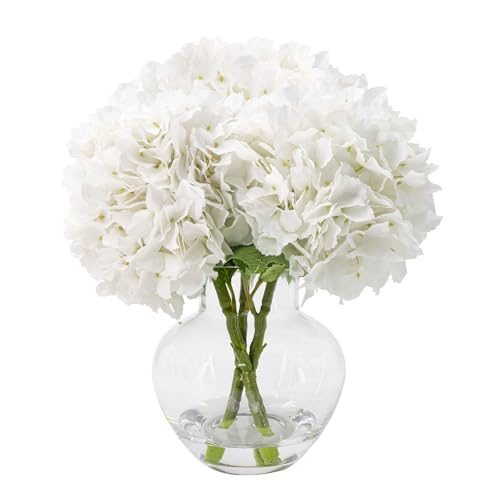 Hydrangea Artificial Flowers with Glass Vase, Real Touch FauxHydrangea Arrangement with Faux Water, Ready-to-Display Table Centerplecefor Bathroom, Shelf, Home Décor (White 1) - color: White 1