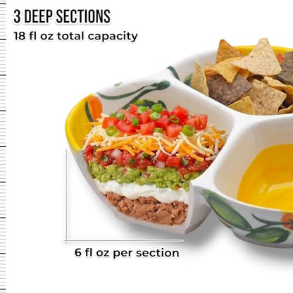 3-Compartment Ceramic Serving Dish, Handmade in Spain | 7.5” divided chip and dip bowl with lead-free glaze, microwave, oven and dishwasher safe, ideal for tapas, snacks and sauces - color: Sunny Lemon