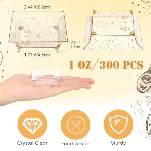 300 Pcs Mini Gold Glitter Clear Dessert Plates 1oz Disposable Appetizer Trays Bulk Small Square Plastic Dish for Party Birthday Wedding Tasting Serving Cake Salad Fruit Sauce Snack, 2.4 Inch - style: Gold Glitter Clear