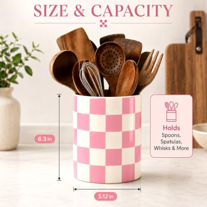 Kitchen Utensil Holder, Pink and White Checkered Ceramic Utensil Holder , Cooking Utensil Crocks for Kitchen Countertop, Kitchen Decorations Rustic Farmhouse Decor