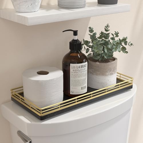 Oak Bathroom Toilet Tank Tray, 13" Paper Storage Basket Tray Back of Toilet Basket Organizer, for Perfume Makeup Candle Kitchen Counter Coffee Table Gold Decor - color: Gold, size: 13" x 6.5" x 1.5"