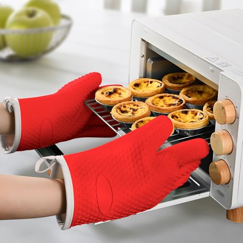 1 Pair Oven Mitts, Heat Resistant Protective Oven Gloves, Cotton Lined Silicone Kitchen Mitts Pair, Nonslip Silicone Cooking Gloves with Fingers (Red) - color: Red