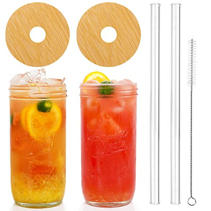 2Pcs Glasses with Lid and Straw, 24oz Wide Mouth Cup Drinking Glasses | Bottles for Iced Coffee Margaritas Ice Cream Juice Cocktail Travel Office Home - color: Transparent 2