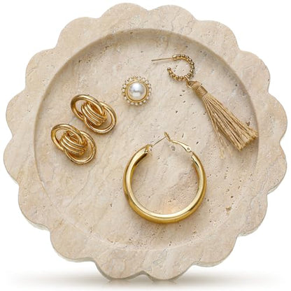 5.5 Inch Small Travertine Stone Tray Marble Jewelry Dish Trinket Tray for Women, Perfume, Coffee Table(Round,Scallop) - style: Round，Scallop