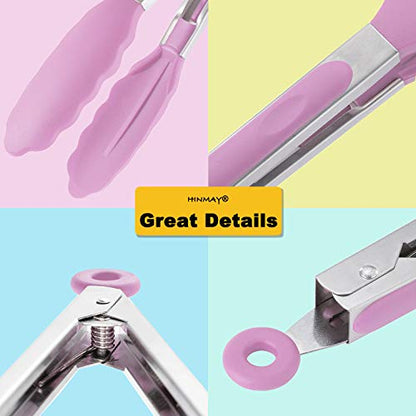 HINMAY Serving Tongs with Silicone Tips 9-Inch Food Tongs, Set of 3 (Pink) - color: Pink