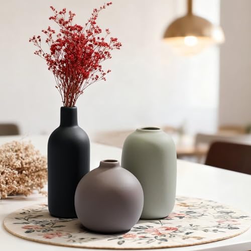 Small Ceramic Vase, Valentine's Day Vase, Modern Farmhouse Rustic Neutral Flower Vases for Dried Fresh Flowers, Home Decor Vases for Living Room, Entryway Table Decor, Kitchen, Shelf Decor (Set of 3)