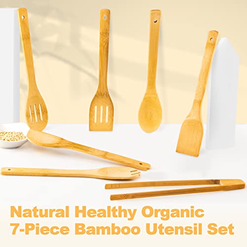 Eisinly Wooden Spoons for Cooking 7-Piece, Kitchen Nonstick Bamboo Cooking Utensils Set, Healthy Bamboo Wooden Spatula Spoon for Cooking - color: Yellow-Bamboo, style: Square-edge