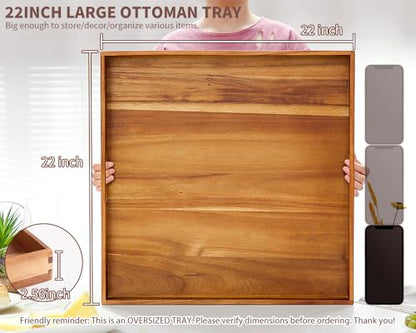 Extra Large Square Wood Tray, Generously 22" Acacia Serving Trays for Large Ottoman Coffee Table, Giant Square Shape Sofa Tray with Handles, Kitchen Organizer Storage Trays Huge Counter Serveware - color: 22" Square Tray - Acacia