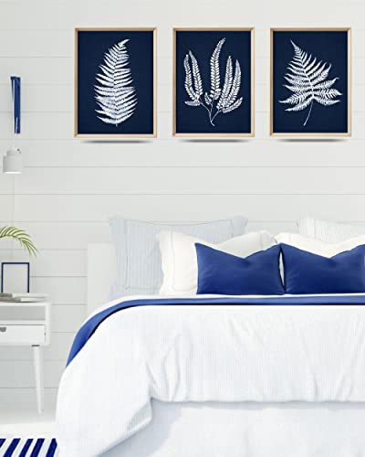 UPWOIGH Navy Blue Fern Framed Wall Art, 12 x 16 Inch, Set of 3 | White Fern Leaf Prints, Navy Blue Background, Minimalist Botanical Design, Light Wood Frames for Bedroom, Office and Hallway - color: Blue Plant MDF
