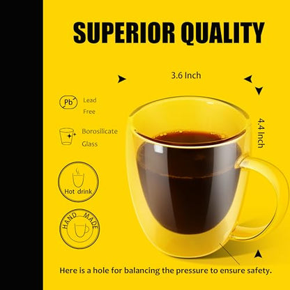 PunPun Coffee Cups Clear12.9OZ. 380ml Coffee Mugs, Espresso Cups,Double Wall Milk Cup with Big Handle,Perfect Mug for Hot Beverages, Latte, Cappuccinos Set of 2 - color: 380ml / set of 2