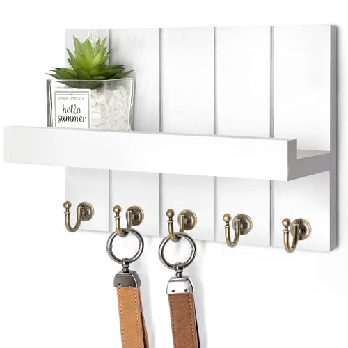 Rebee Vision Key Holder Wall Mount with 5 Key Hooks for Entryway, White | 3.54" x 10" x 7.28", Key Holder for Wall, Mail Organizer, Floating Shelf, Farmhouse Decor, Apartment Essential - color: White, size: 10 inches