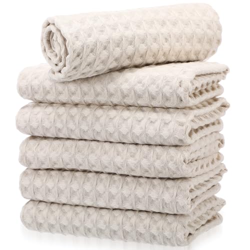 Flutesan 6 Pcs Waffle Weave Hand Towels for Bathroom, Beige | 100% Cotton Absorbent Hand Towel, Quick Dry Soft Dish Towel, Fall Thanksgiving Kitchen Farmhouse Decor, Boho Decorative Gift - color: Beige