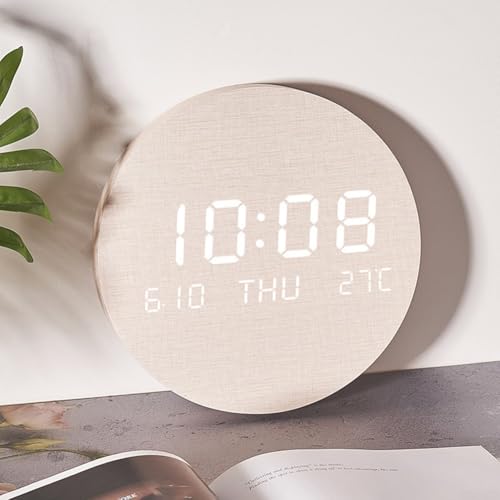 Wooden Silent Non-Ticking Wall Clock, Wood Moon Cordless Aesthetic Modern Alarm, Large LED Digital Round Clock for Living Room Bedroom -Display With Date,Temperature&Calendar(Light Rechargeable) - size: Light Rechargeable