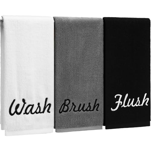 Peryiter 3 Pcs Farmhouse Decorative Hand Towels, Brush Wash Flush, Neutral | Suit for Bathroom Kitchen 13.8" x 29.5" Rustic Embroidered 100% Cotton Bath Towels Set for Boho Bathroom Decor Gifts - color: White, Gray, Black, style: Brush Wash Flush