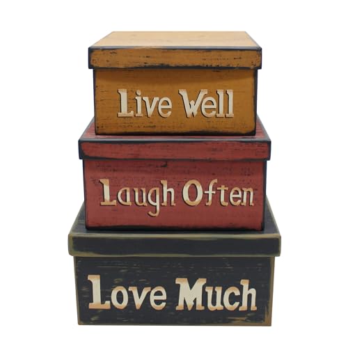 Primitive Vintage Square “Live Well, Laugh Often, Love Much” Cardboard Nesting Boxes, Large 9 X 9 X 4-1/2 Inch. Set of 3. - color: Live Well, Laugh Often, Love Much, size: 9" X 9" X 4-1/2"H