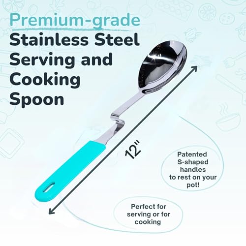 Souper Cubes Stainless Steel Spoon with Silicone Grip & Pot Hook, Aqua | Durable Cooking Spoon Hooks to Your Pot to Help Prevent Drips and Keep Counters and Stovetop Clean - color: Aqua, size: Spoon 1-Pack