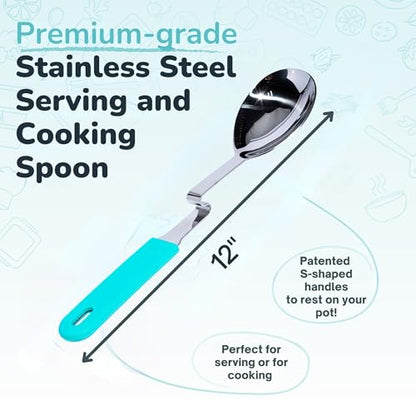 Souper Cubes Stainless Steel Spoon with Silicone Grip & Pot Hook, Aqua | Durable Cooking Spoon Hooks to Your Pot to Help Prevent Drips and Keep Counters and Stovetop Clean - color: Aqua, size: Spoon 1-Pack