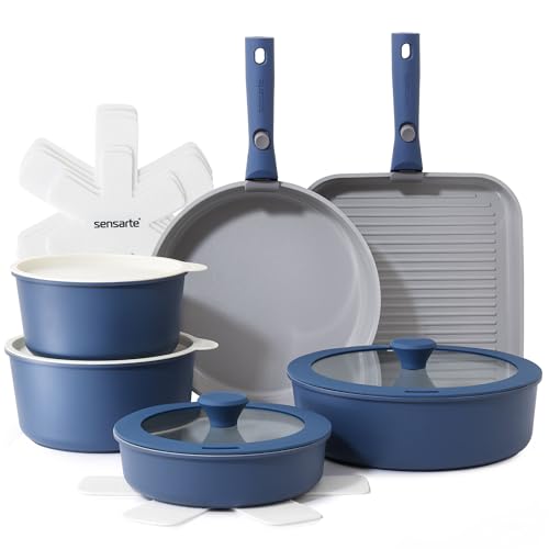 SENSARTE 17 Piece Ceramic Detachable Handle Pots and Pans Set Navy | Ceramic Cookware Set, Induction Cookware Set with Removable Handle, Healthy Non Stick for RV, Dishwasher ＆ Oven Safe - color: Navy, size: 17 Piece