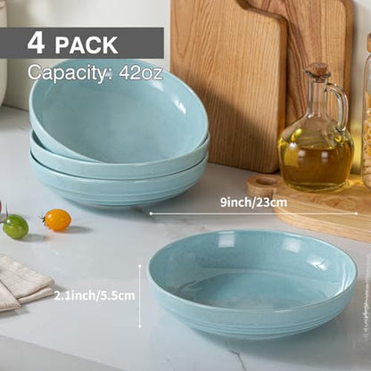 HAPPY KIT Stoneware 9'' Pasta Bowls 42oz Set of 4, Ocean Current Blue - color: OceanBlue