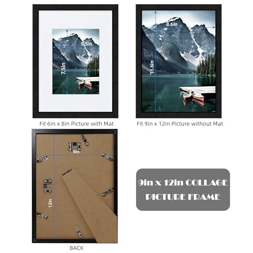 Hongkee 9x12 Black Picture Frames set of 3, Made of Wooden and Glass Photo frame - Displays Picture 6x8 with Mat or 9 x 12 without Mat, Desktop & Wall Collage Frame set - color: Black, size: 9x12 in