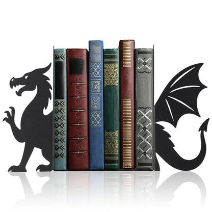 Dragon Bookends Set of 2 Styles Metal Book Ends for Shelves | Gothic Dragon Head Wings Design, Sturdy Metal Construction, Non-slip Base, Home Office Bookshelf Gift Dragon Lovers - style: Evil Dragon
