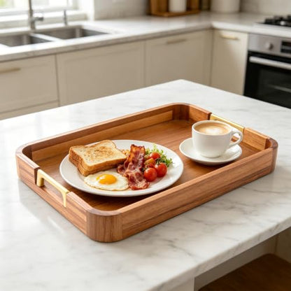 GinSent Wooden Serving Tray with Handles,Wooden Trays for Kitchen Counter Decorative Trays Wood Tray Coffee Table Tray for Living Room House Decor 16.7-INCH with 1.2cm Thickness Wood