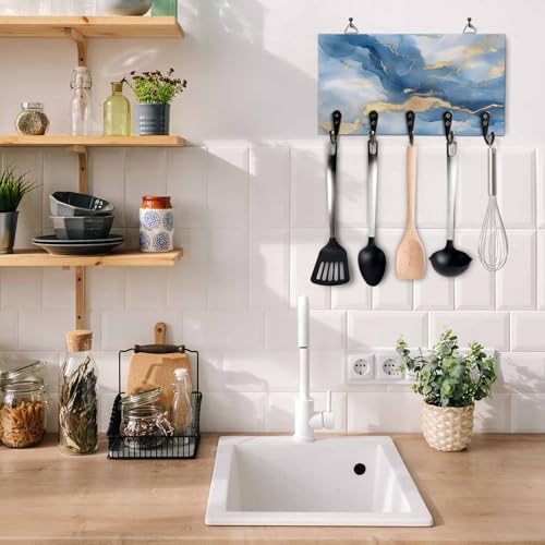 Key Holder for Wall Blue Marble Decorative Hanging Key Rack Wall Mount with 5 Hooks Golden Ripple Abstract Art Organizer Wall Decor for Entryway Front Door Kitchen 9.4x5in