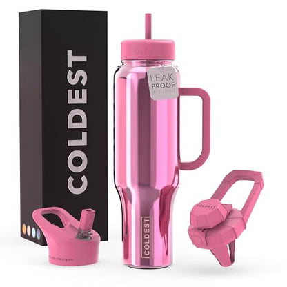 Coldest Tumbler with Handle and Straw - 100% Spill Proof Tumbler with Straw (3 Lids) - Stainless Steel Insulated Leakproof Tumblers for Women & Men - 46 oz (Pink Reflections) - color: Pink Reflections, size: 46 oz