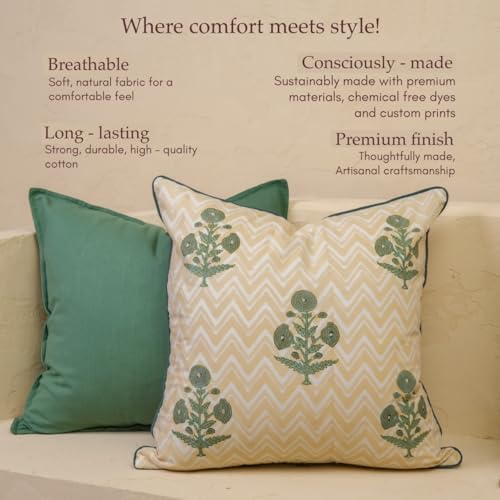 JBH Hand Block Print Reversible Throw Pillow Covers 18x18 Inch Set of 2 – Handmade (Green, Cream, 18x18 inch) - color: Green, Cream