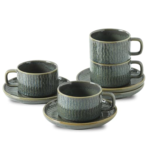 Espresso Cup with Saucer - 6 Ounce Ceramic Espresso Mugs Set of 4, Cappuccino Cups Set, Latte Coffee Cups for Coffee, Cafe Mocha, Tea, Green