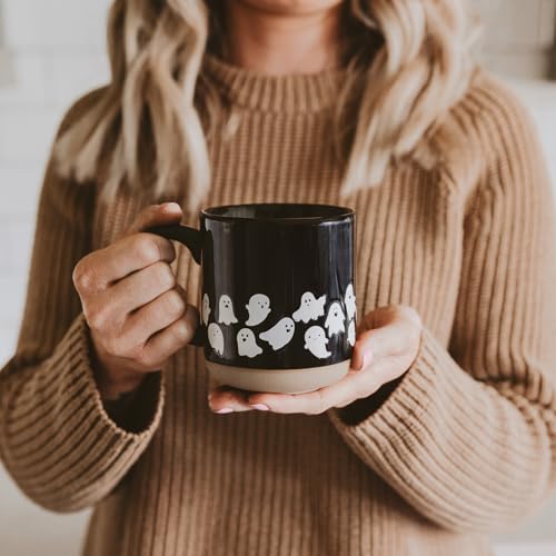 Sweet Water Decor White Ghosts Black Halloween Mugs, 14 oz - Halloween Coffee Mug Dishwasher & Microwave Safe - Fall Mug for Coffee & Hot Cocoa or Seasonal Brew - Black Stoneware Ghost Mugs - style: White Ghosts