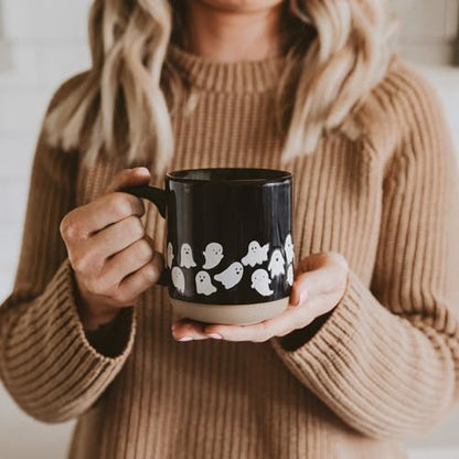 Sweet Water Decor White Ghosts Black Halloween Mugs, 14 oz - Halloween Coffee Mug Dishwasher & Microwave Safe - Fall Mug for Coffee & Hot Cocoa or Seasonal Brew - Black Stoneware Ghost Mugs - style: White Ghosts