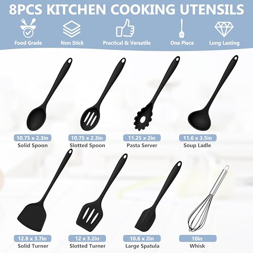 TeamFar Silicone Cooking Utensils Set, 8 PCS Kitchen Utensils Set, Black | 446°F Heat Resistant Turner, Spatula, Spoon, Whisk, Kitchen Cooking Gadgets Tools, for Nonstick Cookware, Dishwasher Safe - color: Black