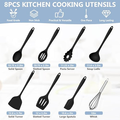 TeamFar Silicone Cooking Utensils Set, 8 PCS Kitchen Utensils Set, Black | 446°F Heat Resistant Turner, Spatula, Spoon, Whisk, Kitchen Cooking Gadgets Tools, for Nonstick Cookware, Dishwasher Safe - color: Black