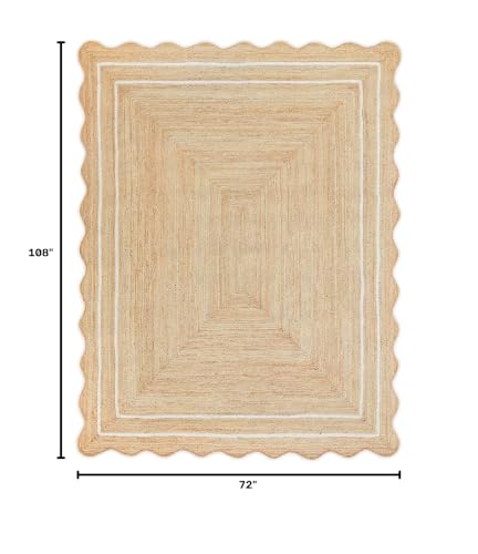 Wave Scalloped Natural Jute Runner, Off White (6'x9'): Boho Farmhouse Entryway Scallop Rug - color: Off White, size: 6'x9' (Rectangular)