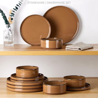 Onader Stoneware Dinnerware Sets for 4, Plates and Bowls with Unglazed Terracotta Bottom, Elegant Kitchen Ceramic Dish Dishware Set, Reactive Glaze 12 Piece - Earthy Umber - color: Earthy Umber