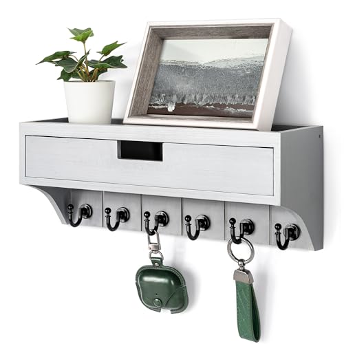 Rebee Vision Key Holder Wall Mount with Drawer for Home Decor, Gray | Key Holder for Wall, Mail Organizer, 6 Key Hooks, Floating Shelf, Storage Drawer, Apartment Essential, Entryway Organization - color: Gray, style: 1-Drawer
