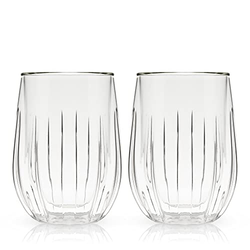 Viski Insulated Double Walled Stemless Wine Glasses, Drinking Glass with Cut Crystal Design, Home Bar Accessories, Glassware, 13 oz, Set of 2, Clear - style: Double-Walled Wine Glasses