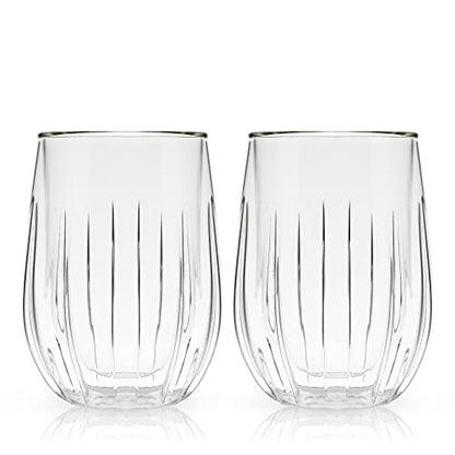 Viski Insulated Double Walled Stemless Wine Glasses, Drinking Glass with Cut Crystal Design, Home Bar Accessories, Glassware, 13 oz, Set of 2, Clear - style: Double-Walled Wine Glasses
