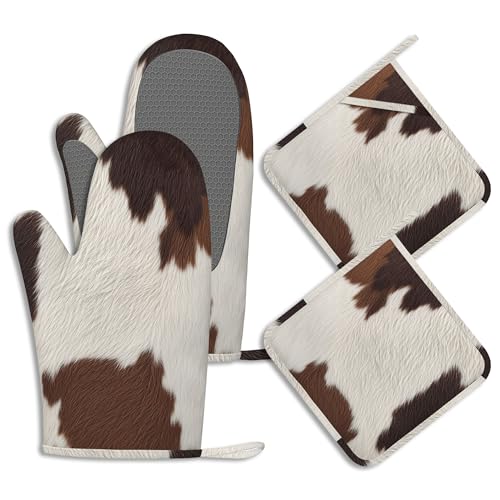 Brown Cowhide Potholders & Oven Mitts Sets Cow Print Skin Print Silicone Heat Resistant Oven Mits and Hot Pads Non-Slip Pot Holders Gloves for Kitchen Chef Cooking Baking Grilling BBQ - color: Brown Cowhide,cow Print Skin Print
