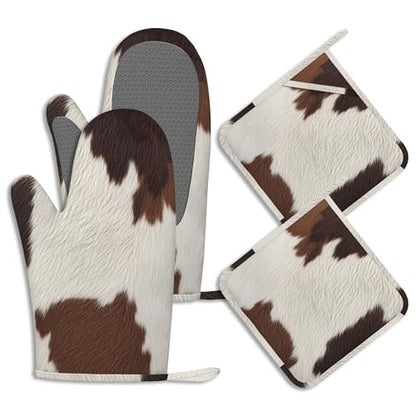 Brown Cowhide Potholders & Oven Mitts Sets Cow Print Skin Print Silicone Heat Resistant Oven Mits and Hot Pads Non-Slip Pot Holders Gloves for Kitchen Chef Cooking Baking Grilling BBQ - color: Brown Cowhide,cow Print Skin Print