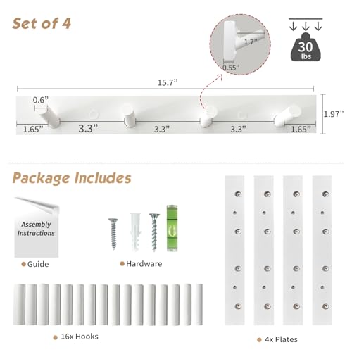 Forbena White Coat Hooks Wall Mount for Hanging 4 Pack, 16 Inch Wood Entryway Coat Rack Wall Mounted Heavy Duty, Modern Large Wall Hooks for Hats Kids Clothes Bags Purses Caps Closet - 16 Hooks - color: Bamboo White
