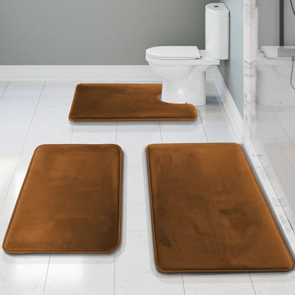 Clara Clark 3 Piece Bathroom Rugs Bath Mat Set, Velvet Memory Foam Bath Mats for Bathroom - Non-Slip, PVC Backing Bath Rugs, Washable - Dries Quickly, Brown - color: Brown