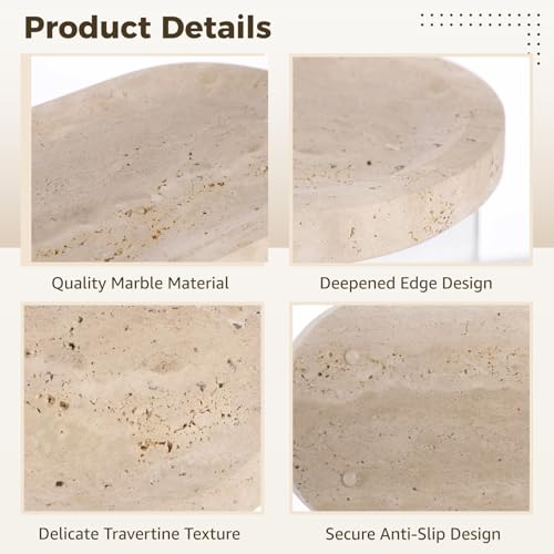 Marble Tray in Oval Travertine, 9.8 x 4.7 in Decorative Stone Organizer for Perfume Candles and Jewelry, Polished Storage with Non-Slip Base, for Bathroom Vanity Dresser and Kitchen Counter