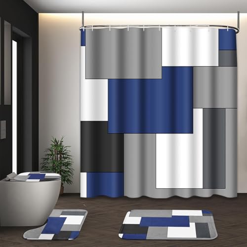 Bathroom Sets with Shower Curtain and Rugs, 4 Pcs, Geometric Navy | Abstract Checkered Modern Bathroom Decor Set with Toilet Lid Cover, Non-Slip Bath Mats and Accessories 12 Hooks - color: Abstract Geometric Dark Blue
