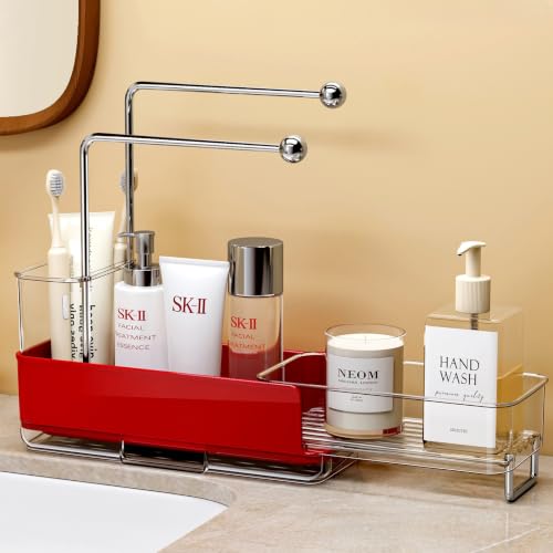Expandable Kitchen Sink Caddy 25-38cm, 360° Rotating Sponge Holder & Brush | Red, large, stretchable 25-38cm. Side brush holder, triple drainage, rust-proof. Ideal for sponge & kitchen sink accessories. - color: Red