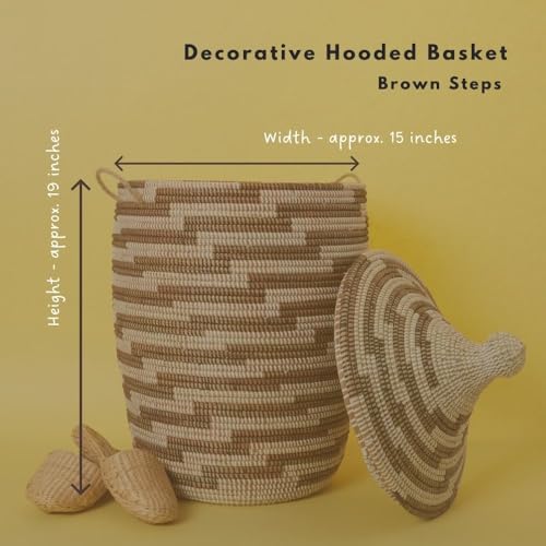 Decorative African Hooded Basket with Lid and Handles, 15" Wide, 19" Tall (Brown White) - color: Brown White
